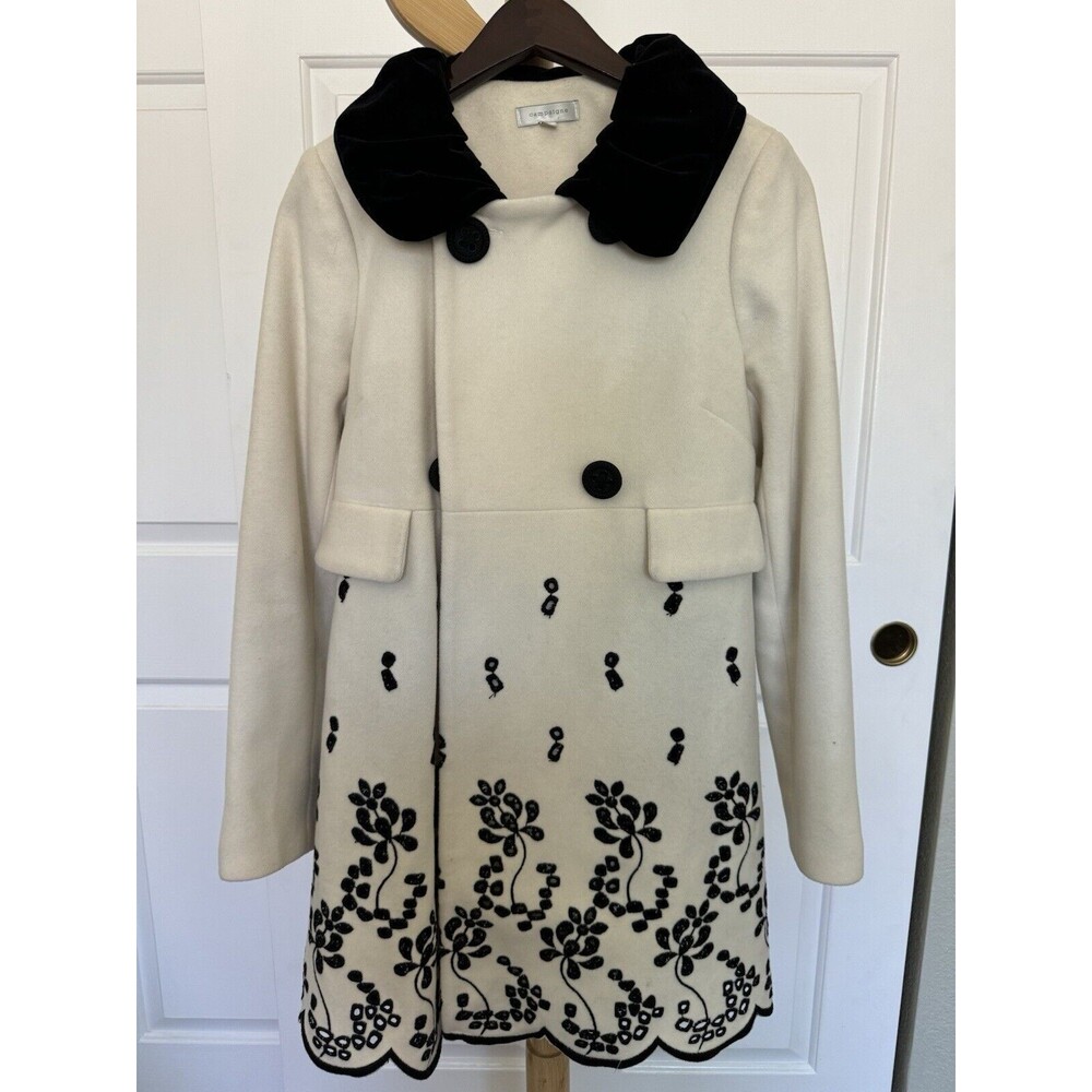 Campaigns Ivory Wool Coat Black Floral Embroidery Velvet Collar Boho Regencycore